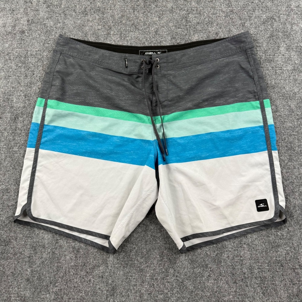 O'Neill Board Shorts 40 Gray‎ Blue Striped Hyperdry Stretch Excellent Mens